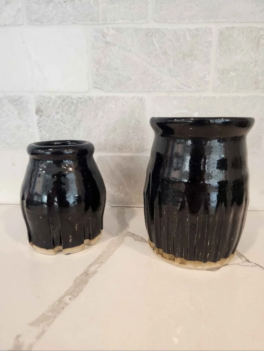 Handmade Pottery Black/Midnight Blue Glazed Ribbed Vases Small & Medium Set